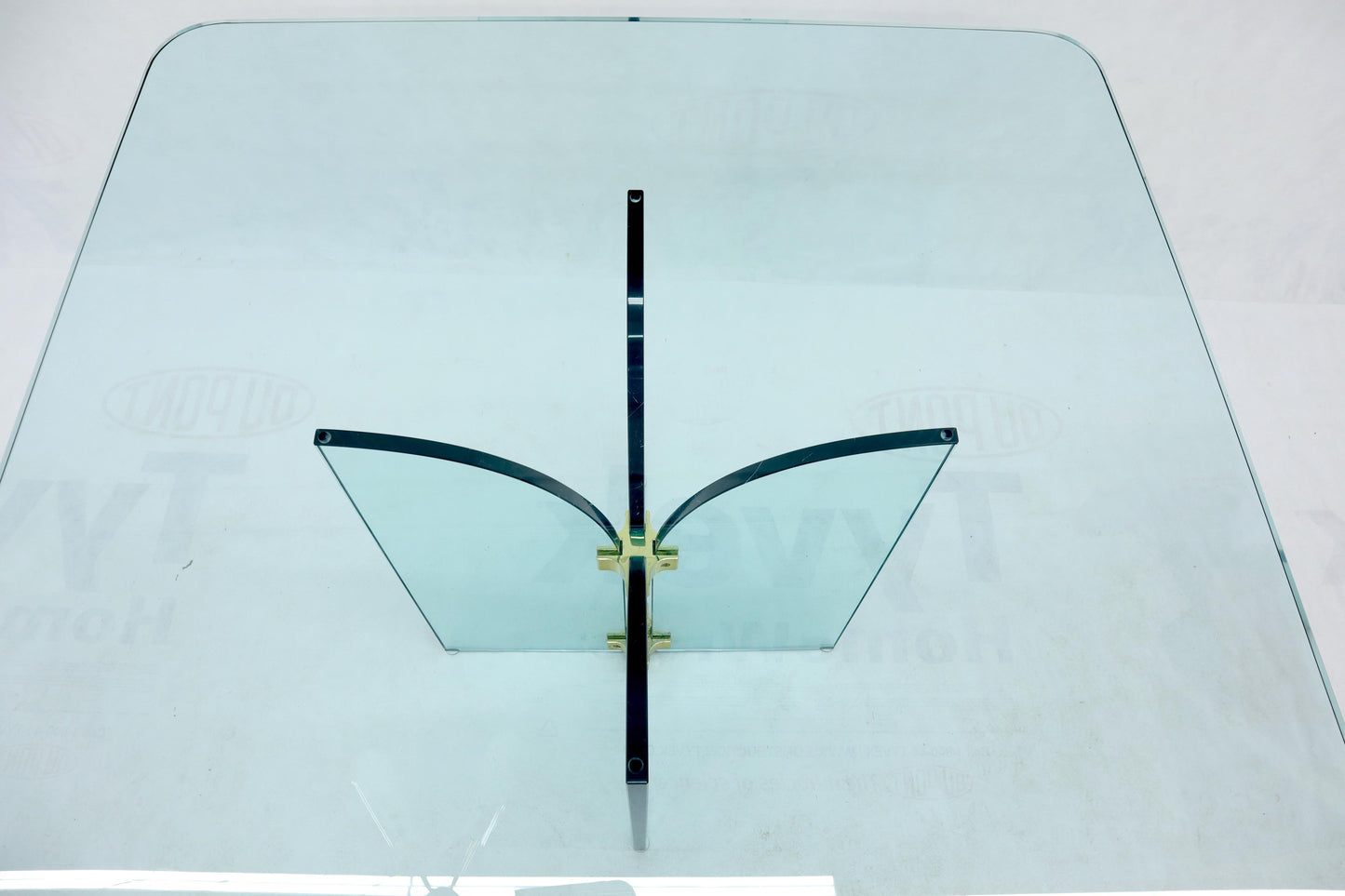 EstablishedLines Thick Rounded Square Glass Top Dining Table on Thick Glass Pedestal Base