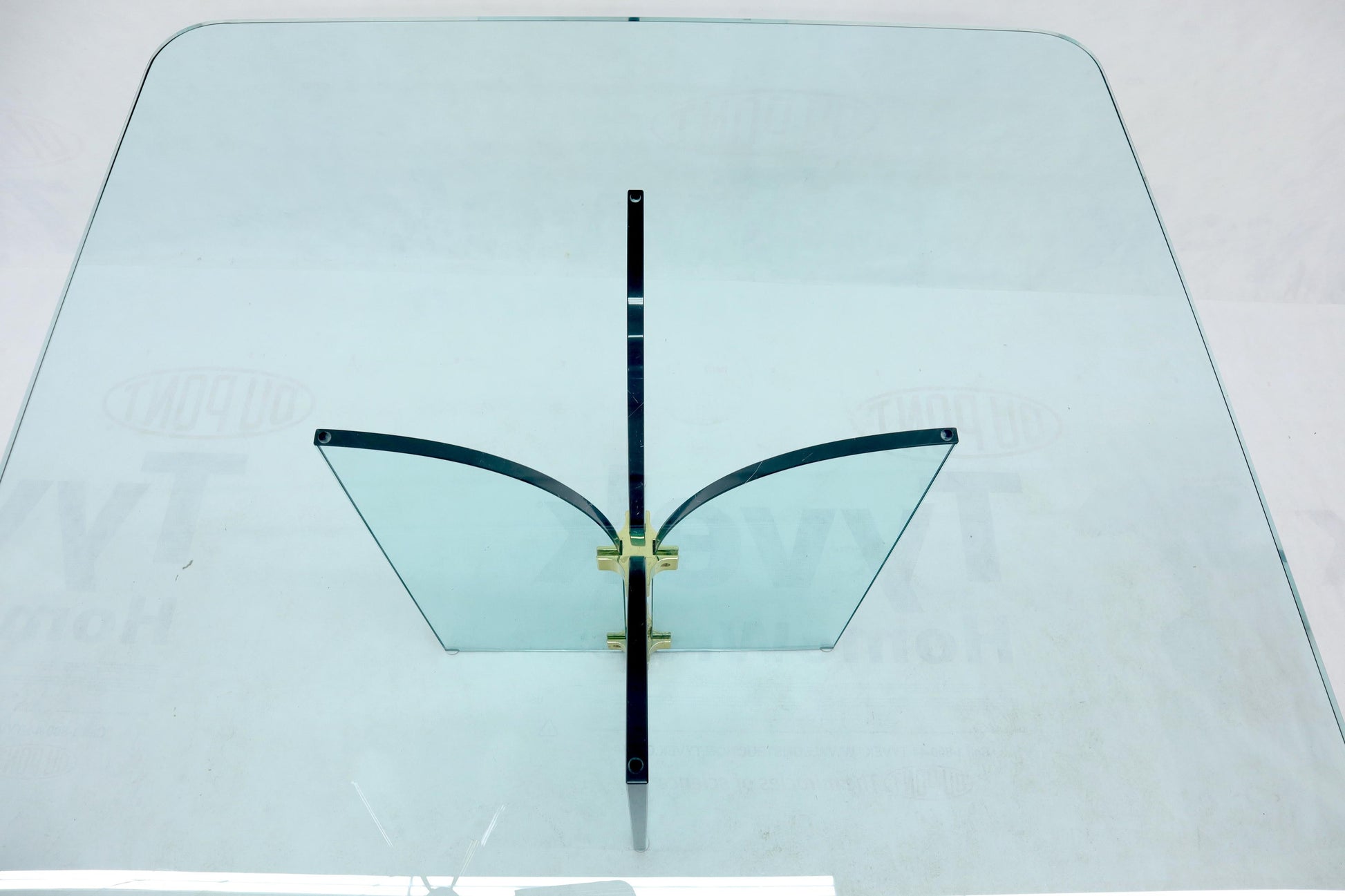 EstablishedLines Thick Rounded Square Glass Top Dining Table on Thick Glass Pedestal Base
