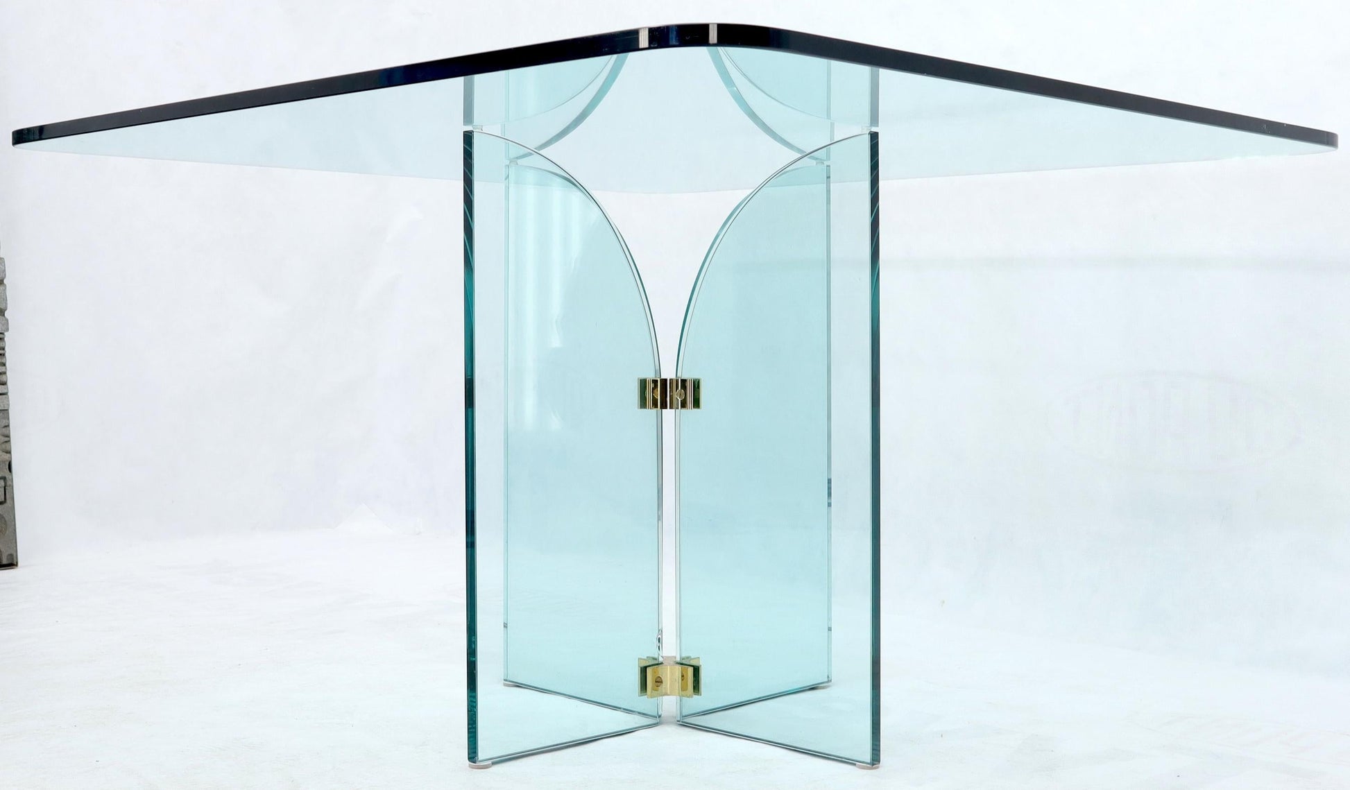 EstablishedLines Thick Rounded Square Glass Top Dining Table on Thick Glass Pedestal Base