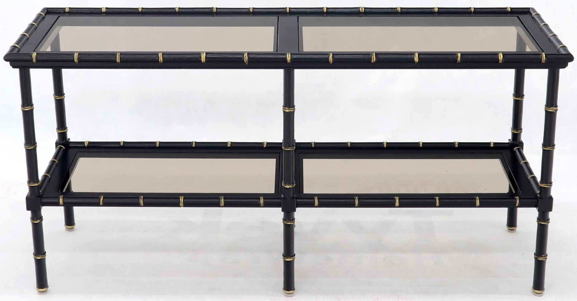 EstablishedLines Black Lacquer Faux Bamboo Gold Accents Smoked Glass Console Sofa Table