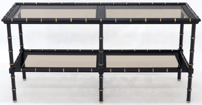 EstablishedLines Black Lacquer Faux Bamboo Gold Accents Smoked Glass Console Sofa Table