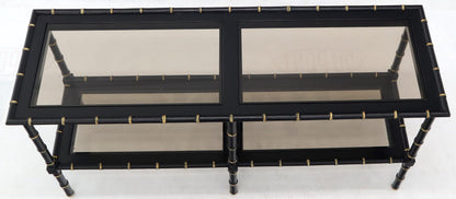 EstablishedLines Black Lacquer Faux Bamboo Gold Accents Smoked Glass Console Sofa Table