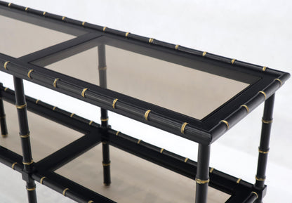 EstablishedLines Black Lacquer Faux Bamboo Gold Accents Smoked Glass Console Sofa Table