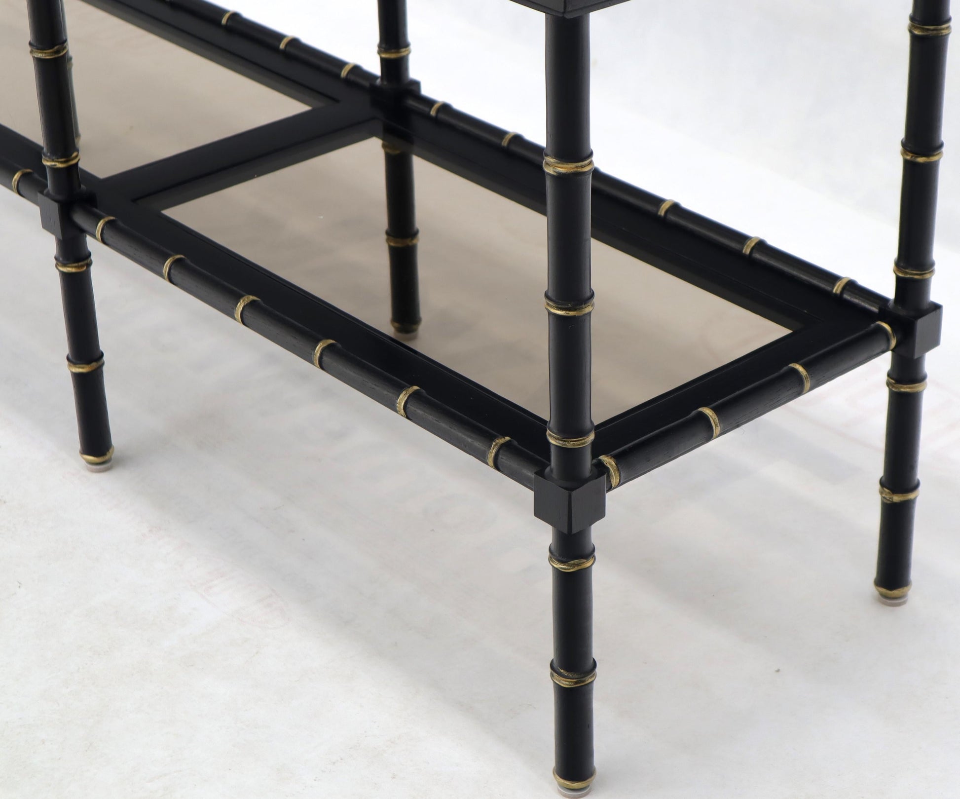 EstablishedLines Black Lacquer Faux Bamboo Gold Accents Smoked Glass Console Sofa Table