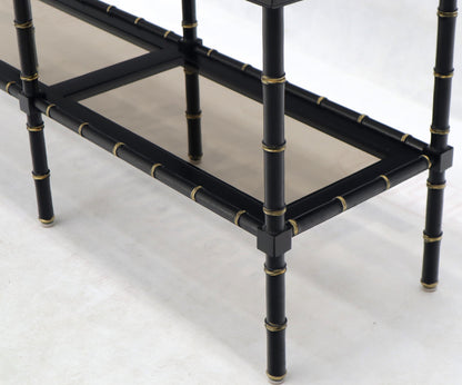 EstablishedLines Black Lacquer Faux Bamboo Gold Accents Smoked Glass Console Sofa Table