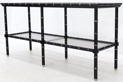 EstablishedLines Black Lacquer Faux Bamboo Gold Accents Smoked Glass Console Sofa Table