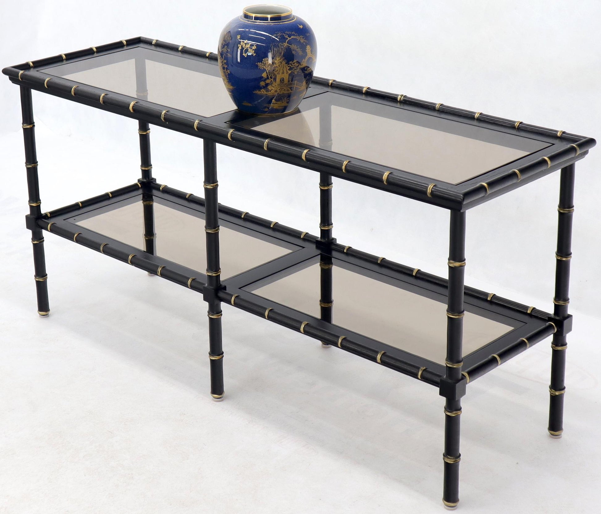 EstablishedLines Black Lacquer Faux Bamboo Gold Accents Smoked Glass Console Sofa Table