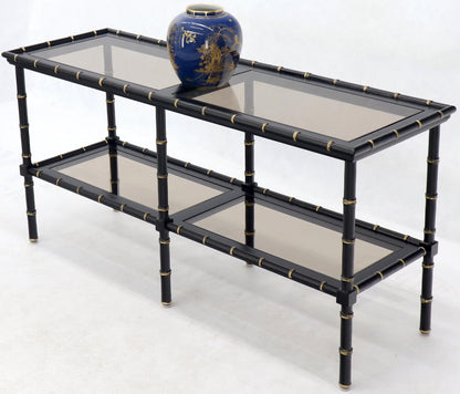 EstablishedLines Black Lacquer Faux Bamboo Gold Accents Smoked Glass Console Sofa Table