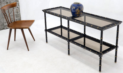 EstablishedLines Black Lacquer Faux Bamboo Gold Accents Smoked Glass Console Sofa Table