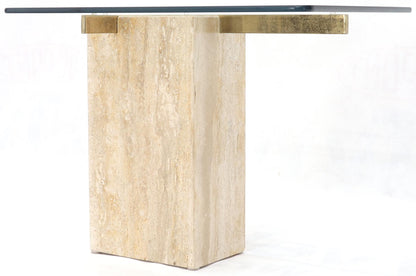 EstablishedLines Travertine Base Glass Top Mid-Century Modern Side Table