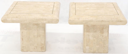 EstablishedLines Pair of Square Tessellated Stone Veneer Brass Inlay End Tables Stands