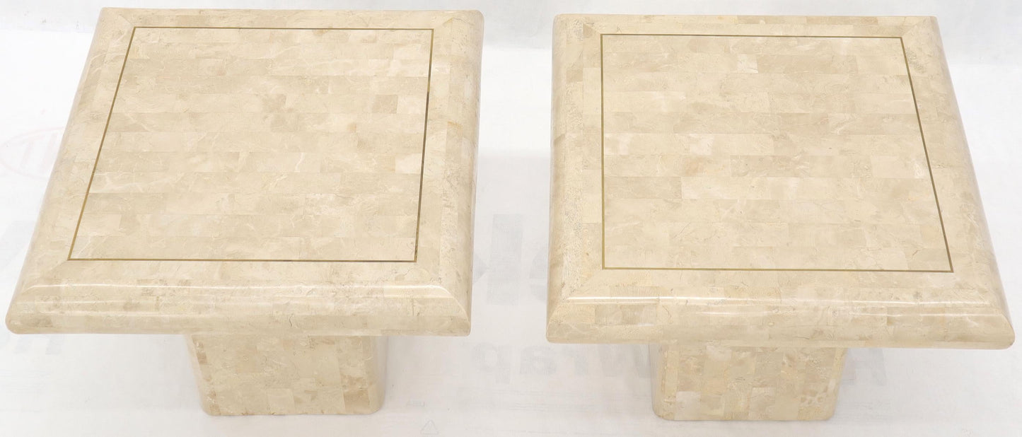 EstablishedLines Pair of Square Tessellated Stone Veneer Brass Inlay End Tables Stands