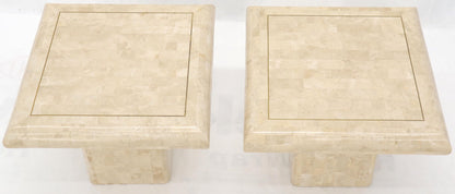 EstablishedLines Pair of Square Tessellated Stone Veneer Brass Inlay End Tables Stands