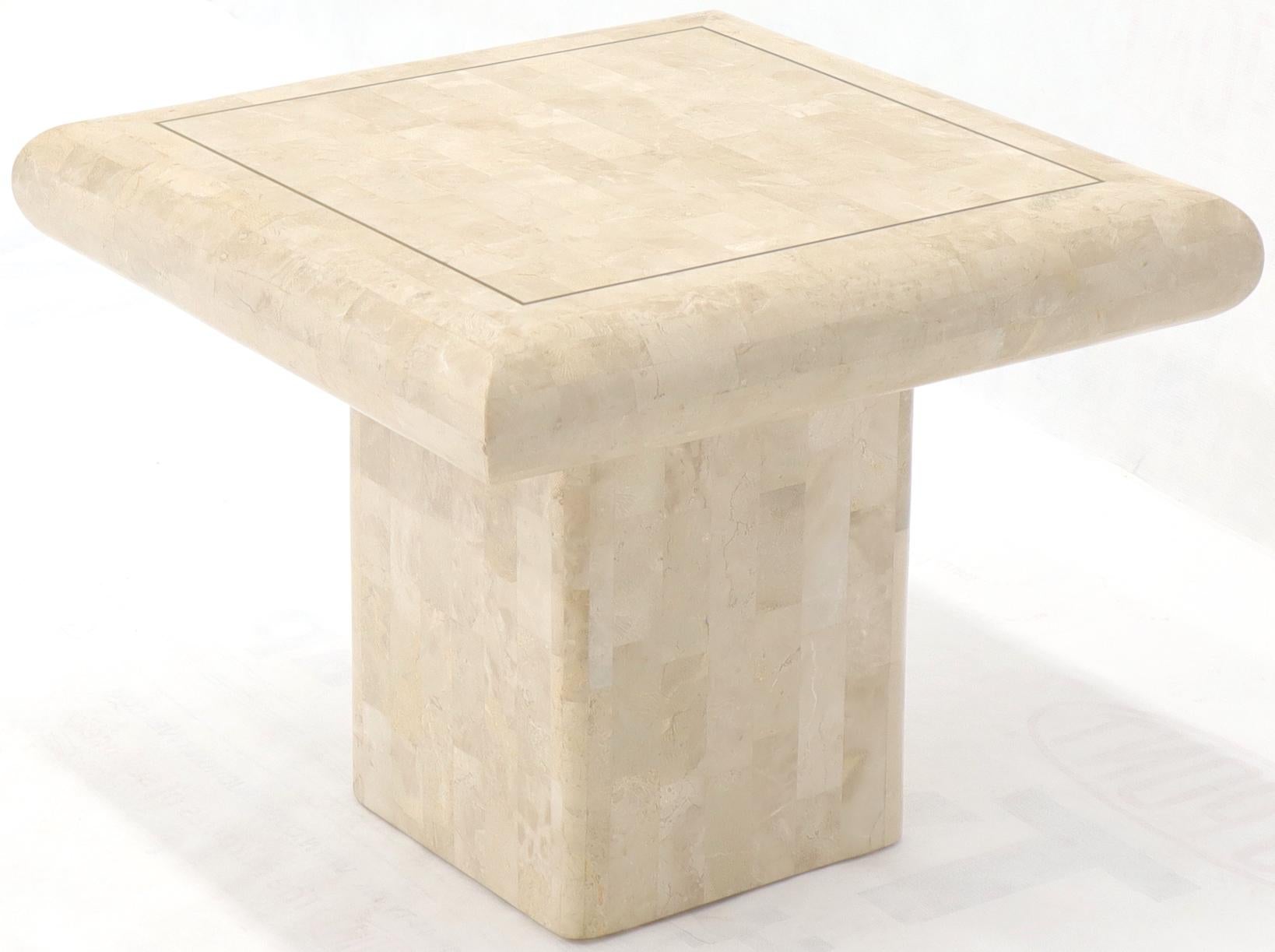 EstablishedLines Pair of Square Tessellated Stone Veneer Brass Inlay End Tables Stands