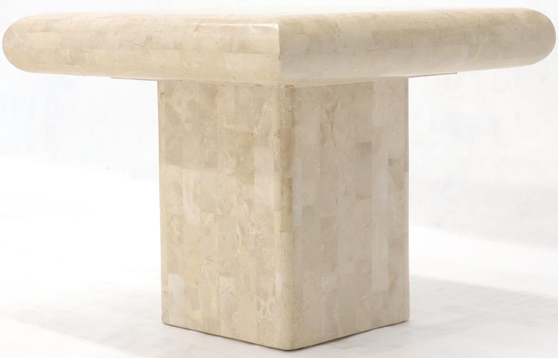 EstablishedLines Pair of Square Tessellated Stone Veneer Brass Inlay End Tables Stands