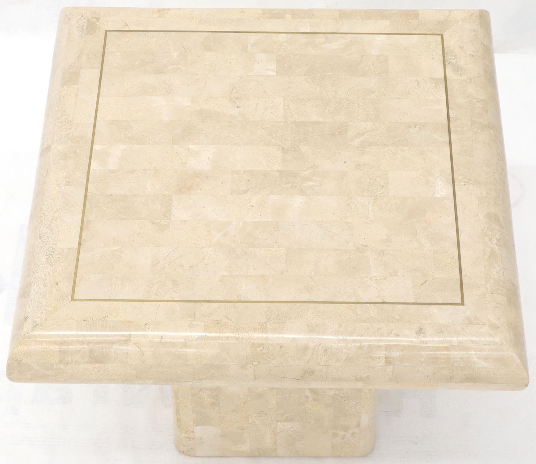 EstablishedLines Pair of Square Tessellated Stone Veneer Brass Inlay End Tables Stands