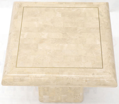 EstablishedLines Pair of Square Tessellated Stone Veneer Brass Inlay End Tables Stands