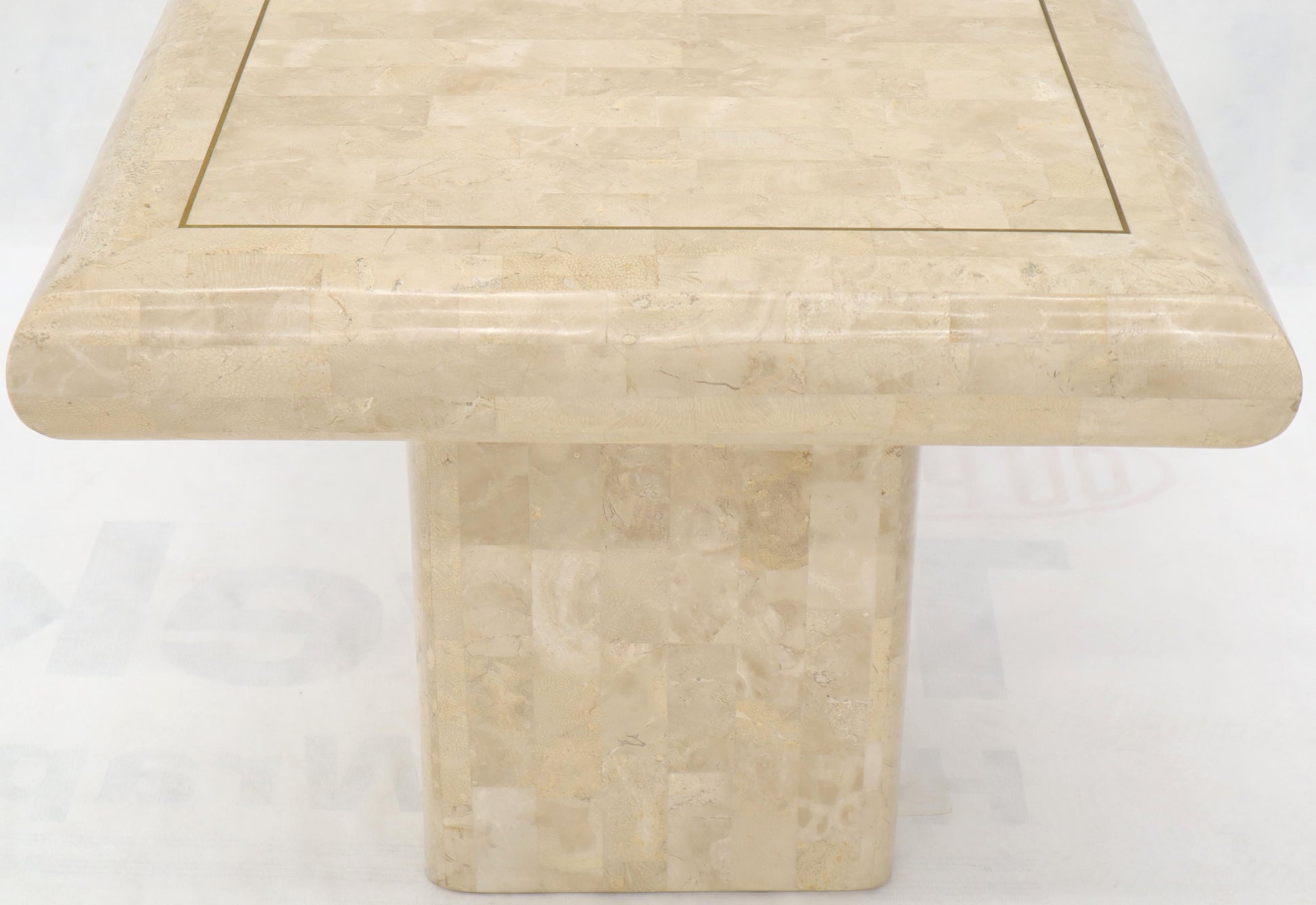 EstablishedLines Pair of Square Tessellated Stone Veneer Brass Inlay End Tables Stands