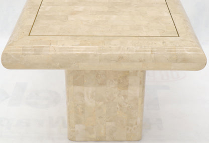EstablishedLines Pair of Square Tessellated Stone Veneer Brass Inlay End Tables Stands