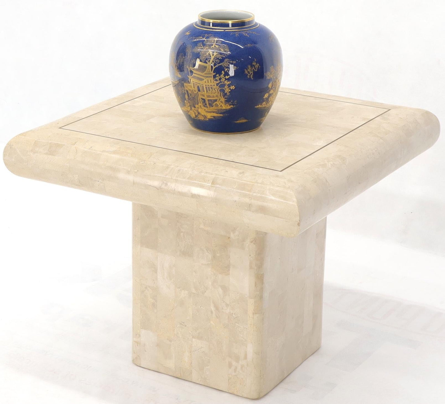 EstablishedLines Pair of Square Tessellated Stone Veneer Brass Inlay End Tables Stands
