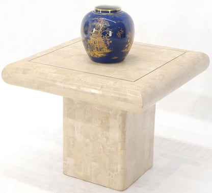 EstablishedLines Pair of Square Tessellated Stone Veneer Brass Inlay End Tables Stands