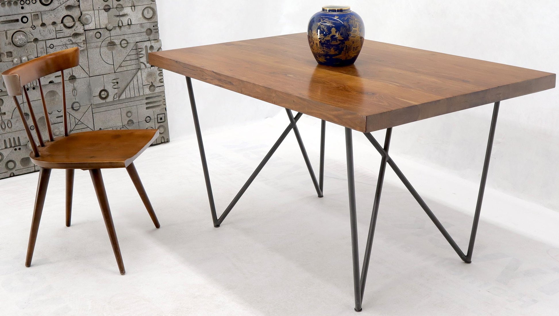 EstablishedLines Solid Thick Teak Block Top Dining Table on Hairpin Legs