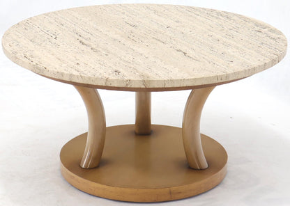 EstablishedLines travertine Top Horn Like Pillars Tripod Base Round Coffee Table