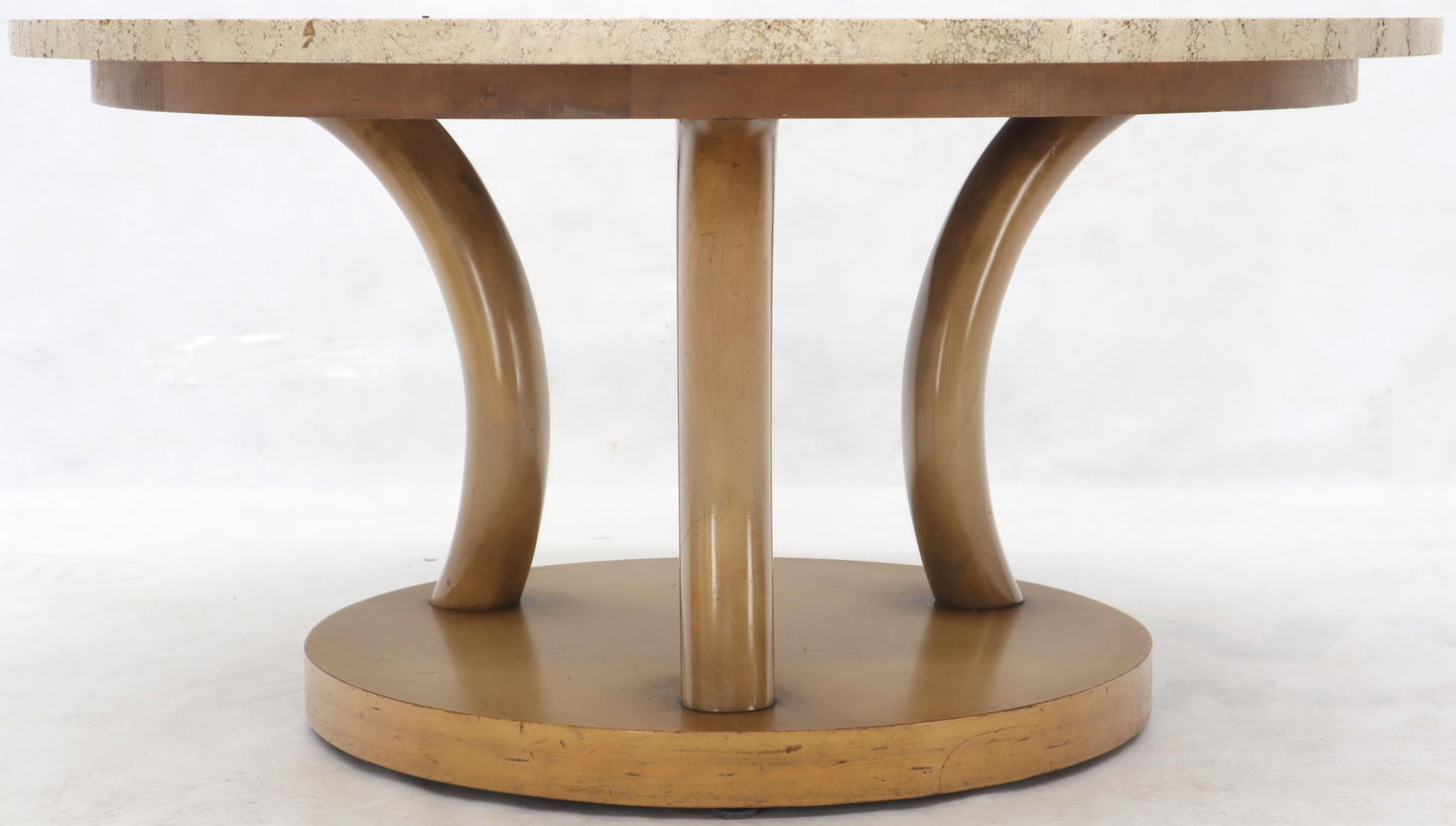 EstablishedLines travertine Top Horn Like Pillars Tripod Base Round Coffee Table