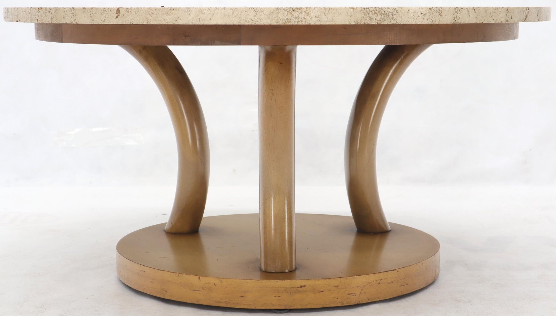 EstablishedLines travertine Top Horn Like Pillars Tripod Base Round Coffee Table