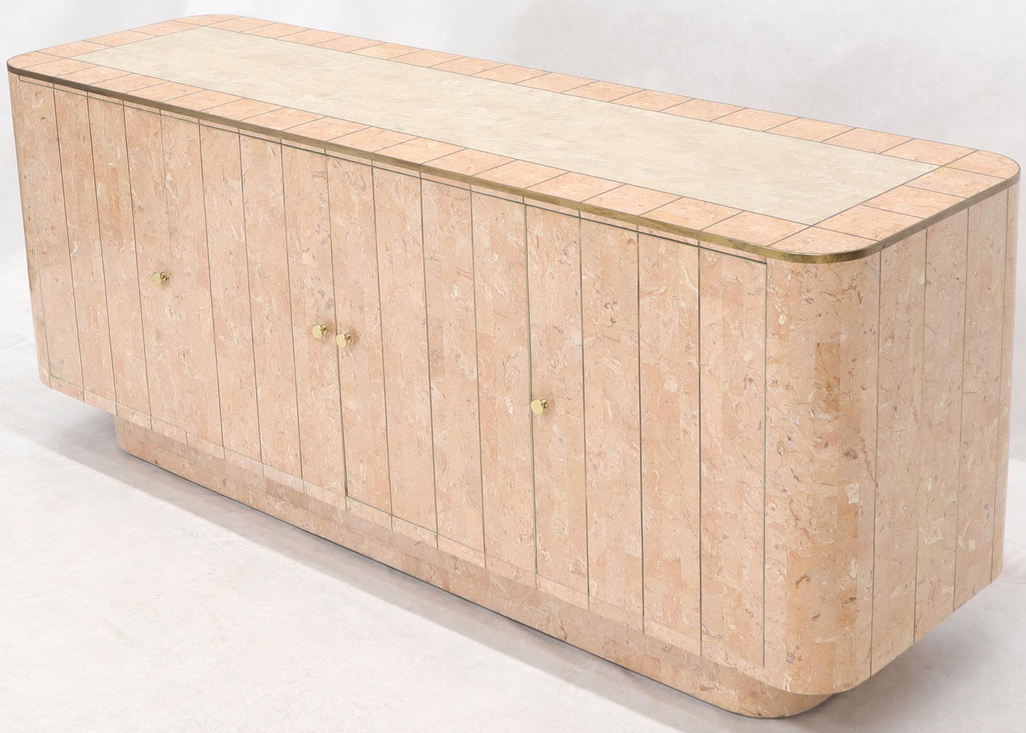 EstablishedLines Rounded Corners Tessellated Stone Brass Inlay 4 Doors Credenza Cabinet