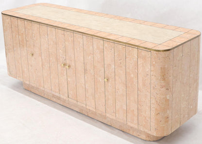 EstablishedLines Rounded Corners Tessellated Stone Brass Inlay 4 Doors Credenza Cabinet