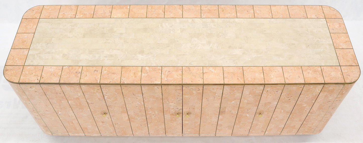 EstablishedLines Rounded Corners Tessellated Stone Brass Inlay 4 Doors Credenza Cabinet