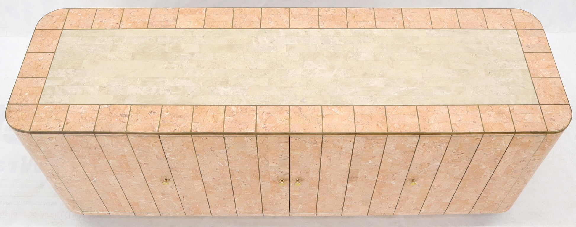 EstablishedLines Rounded Corners Tessellated Stone Brass Inlay 4 Doors Credenza Cabinet
