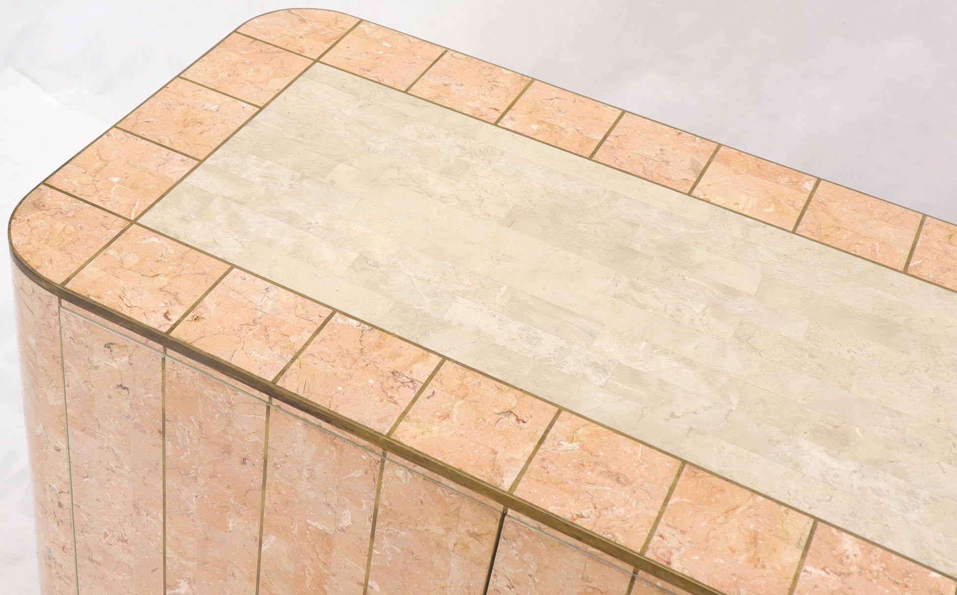 EstablishedLines Rounded Corners Tessellated Stone Brass Inlay 4 Doors Credenza Cabinet