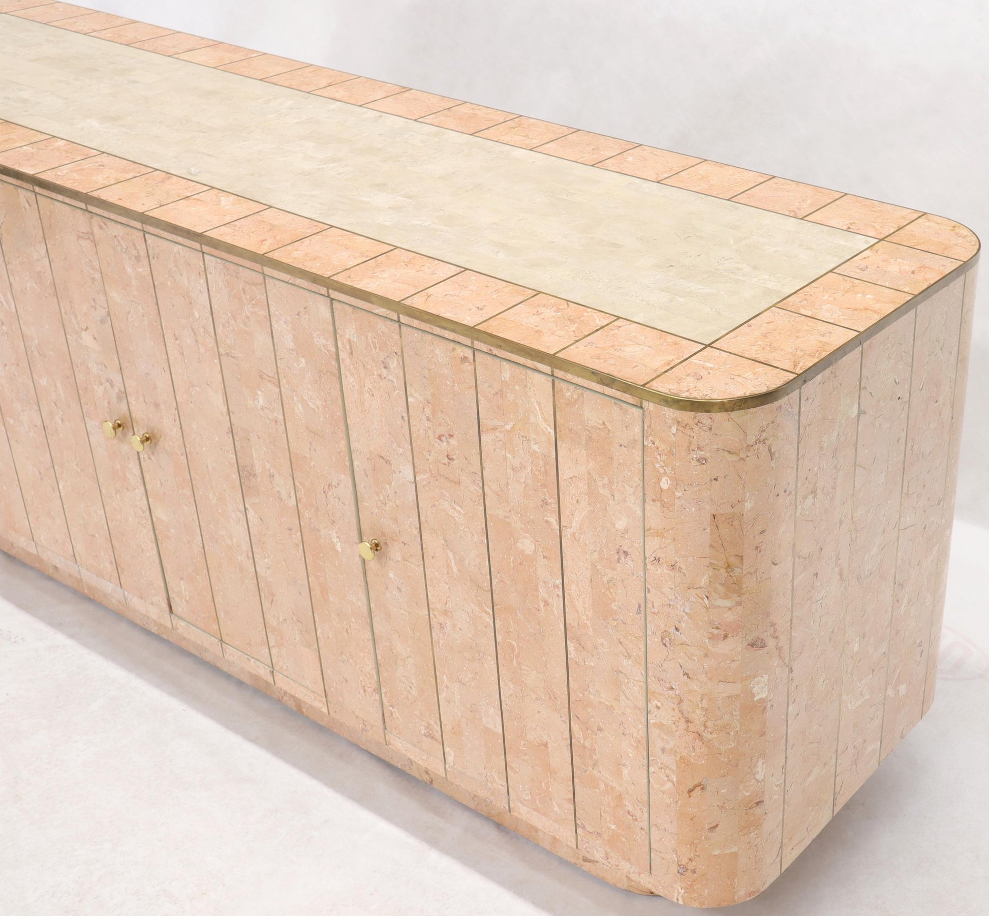 EstablishedLines Rounded Corners Tessellated Stone Brass Inlay 4 Doors Credenza Cabinet