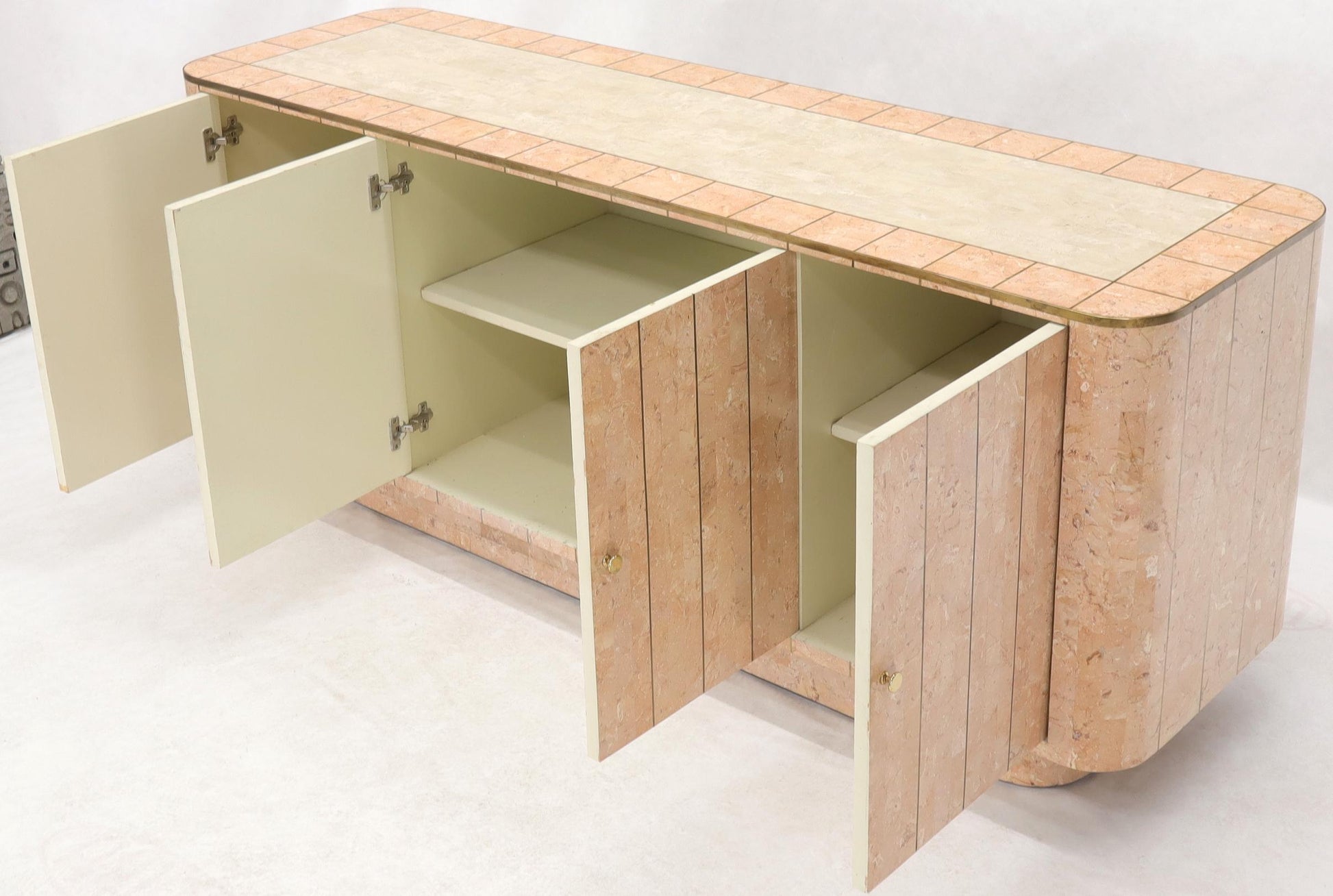 EstablishedLines Rounded Corners Tessellated Stone Brass Inlay 4 Doors Credenza Cabinet