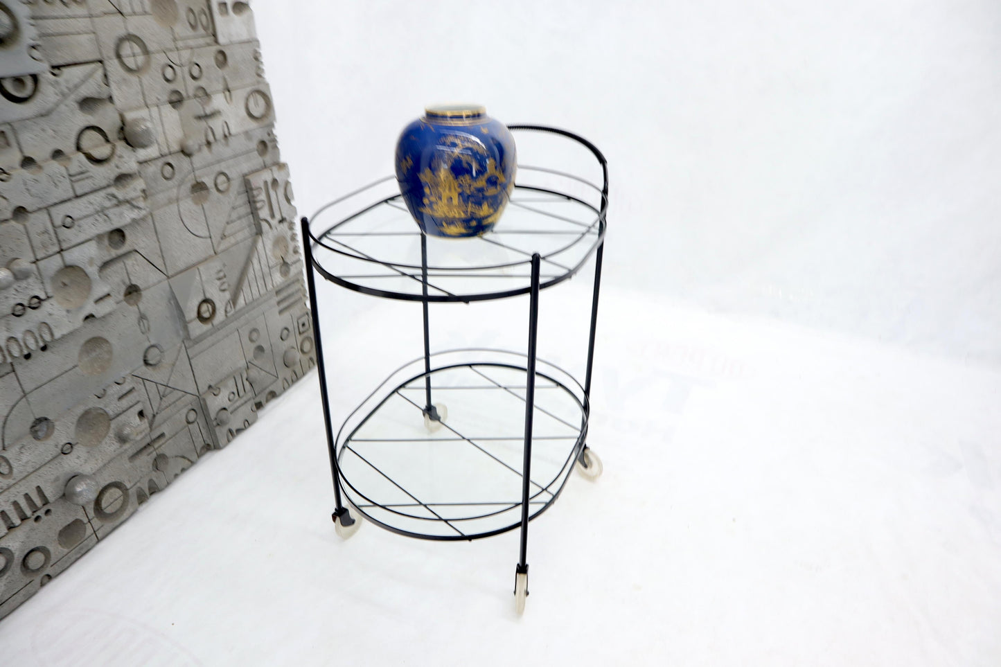 EstablishedLines Oval Mid-Century Modern Black Lacquer Serving Bar Tea Cart