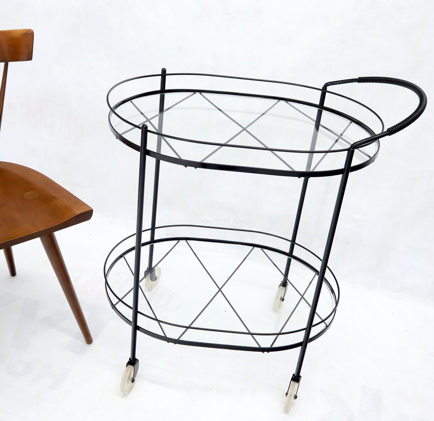 EstablishedLines Oval Mid-Century Modern Black Lacquer Serving Bar Tea Cart
