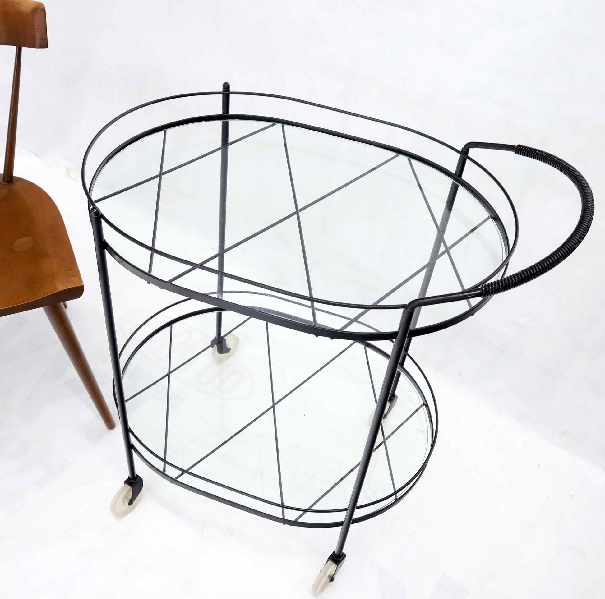 EstablishedLines Oval Mid-Century Modern Black Lacquer Serving Bar Tea Cart