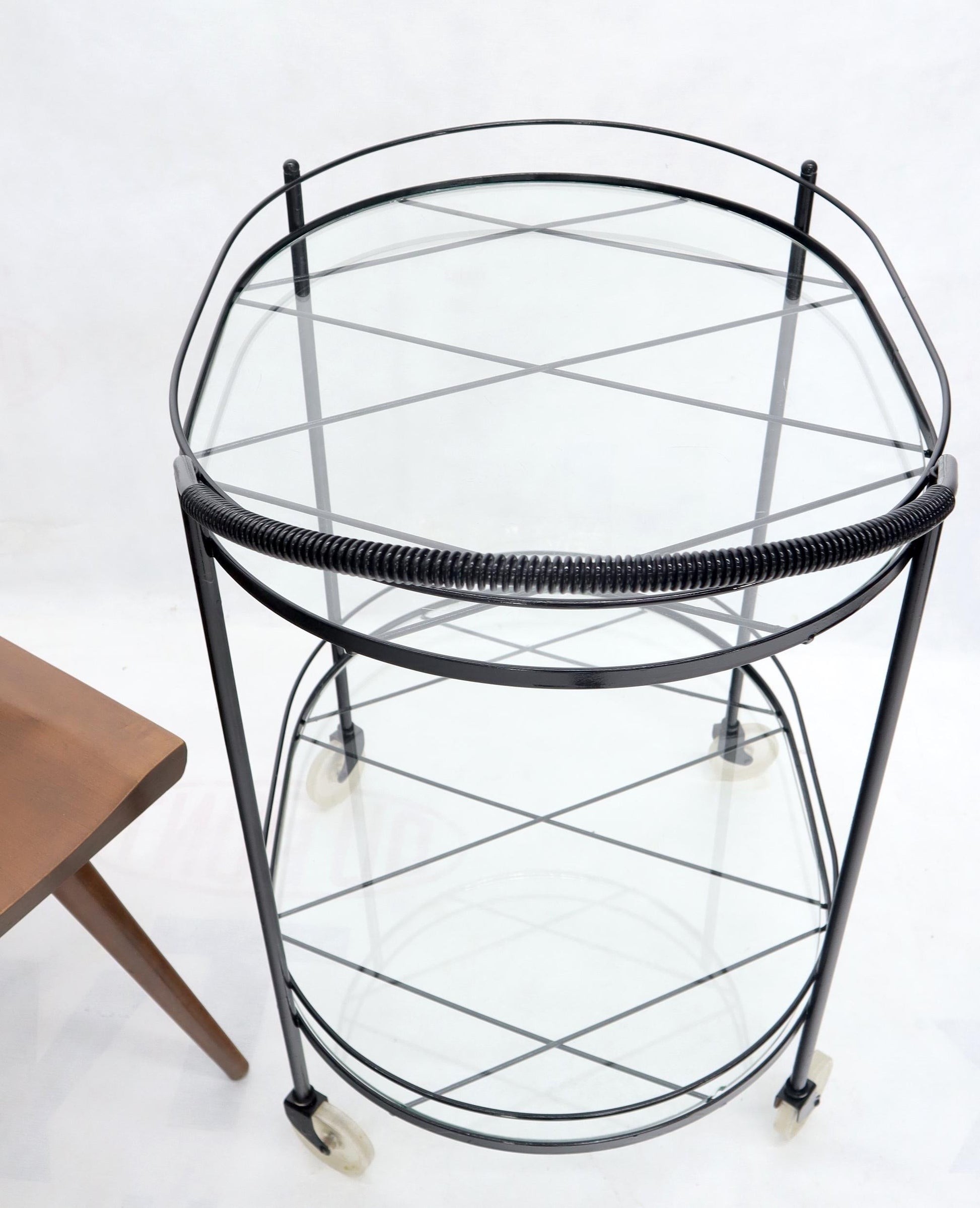 EstablishedLines Oval Mid-Century Modern Black Lacquer Serving Bar Tea Cart