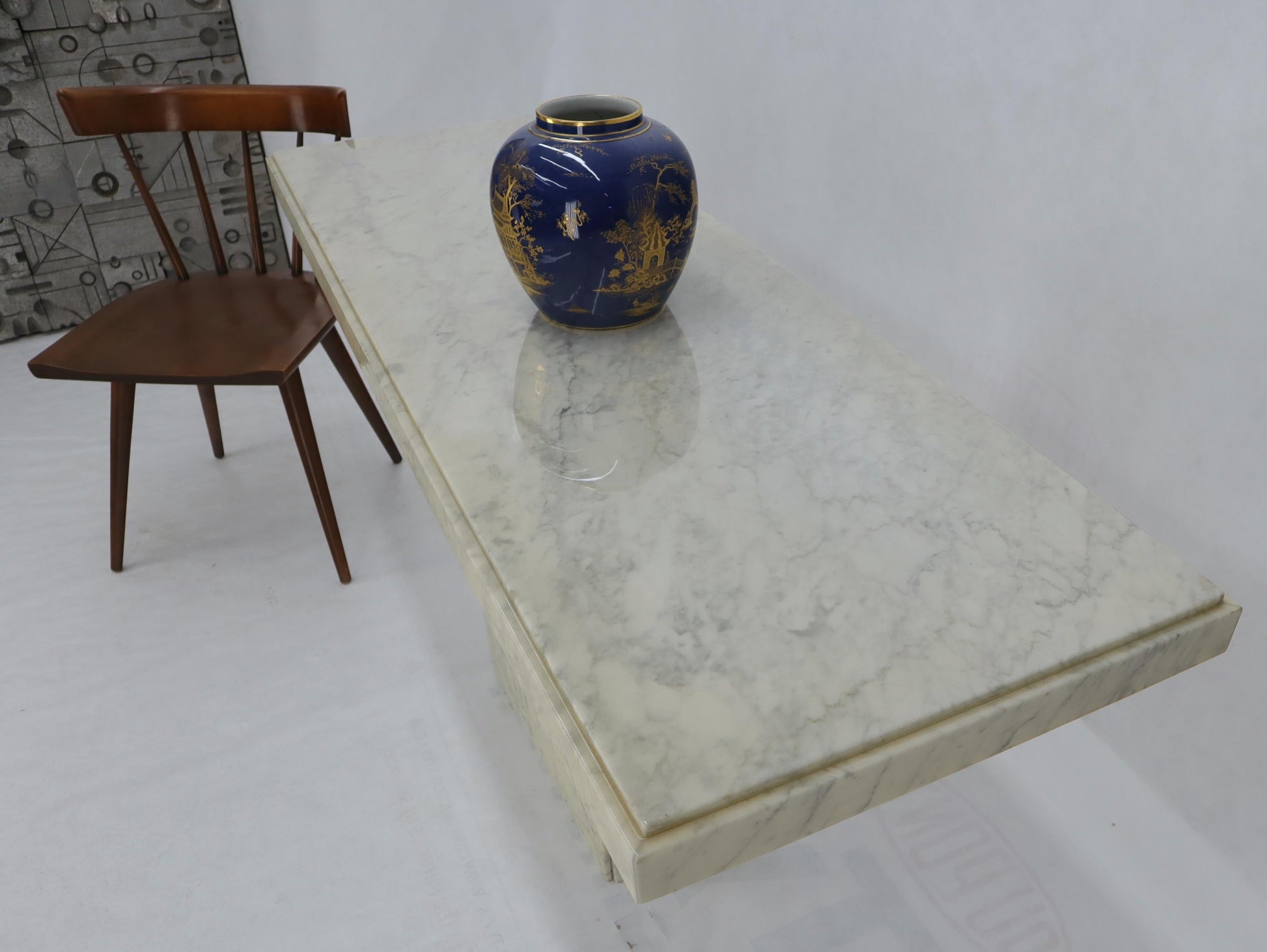 EstablishedLines Rectangle White Marble Top Pedestal Base Console Sofa Table