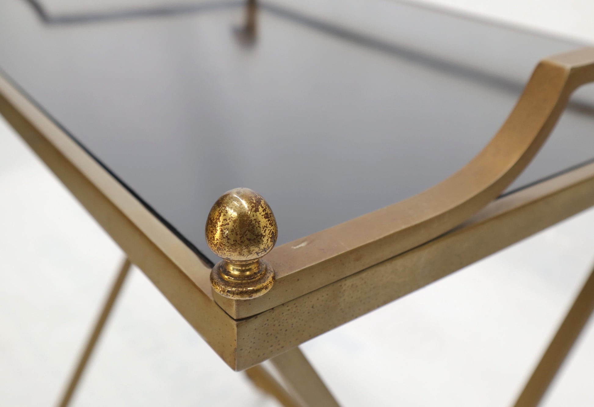EstablishedLines Chrome and Brass X Base Console w/ Gallery Rams Heads Hoof Feet Black Lamiante