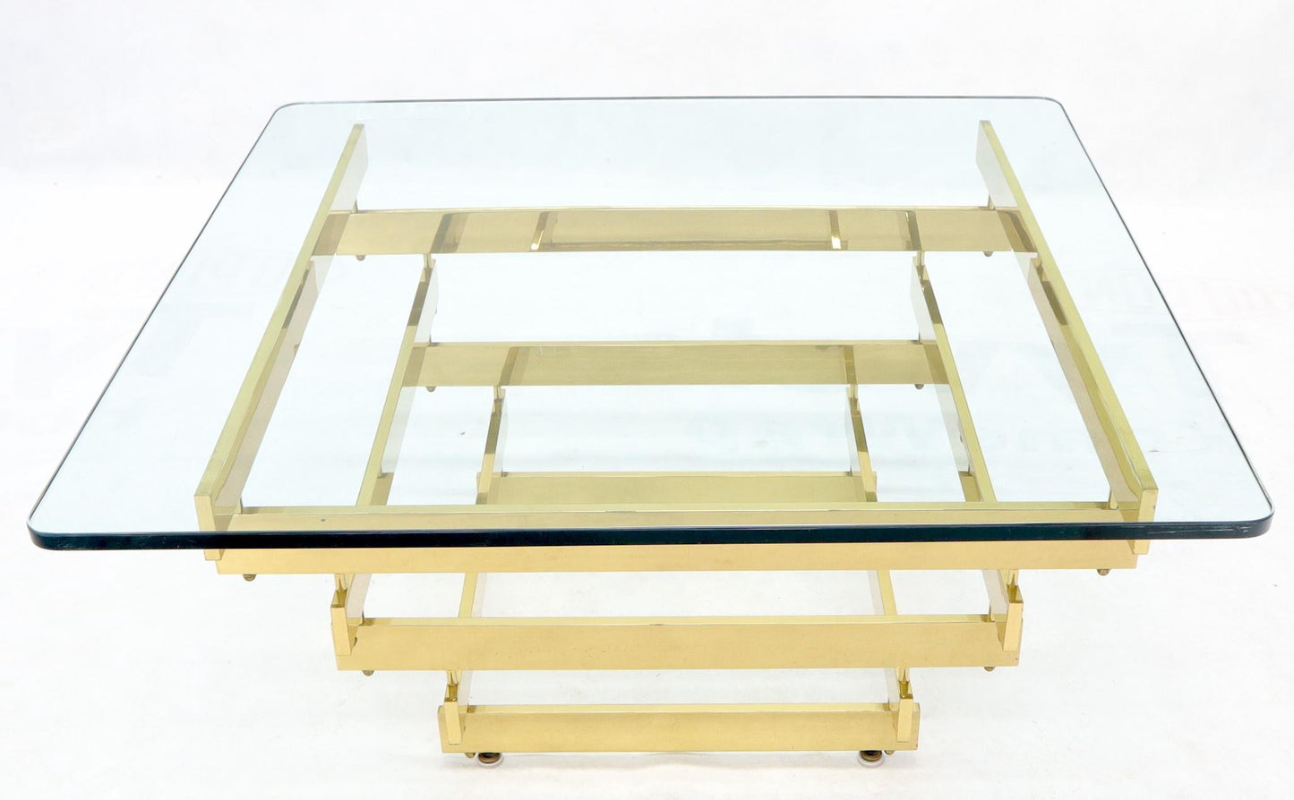 EstablishedLines Stacked Polished Lacquered Brass Bars Base Glass Top Square Coffee Table