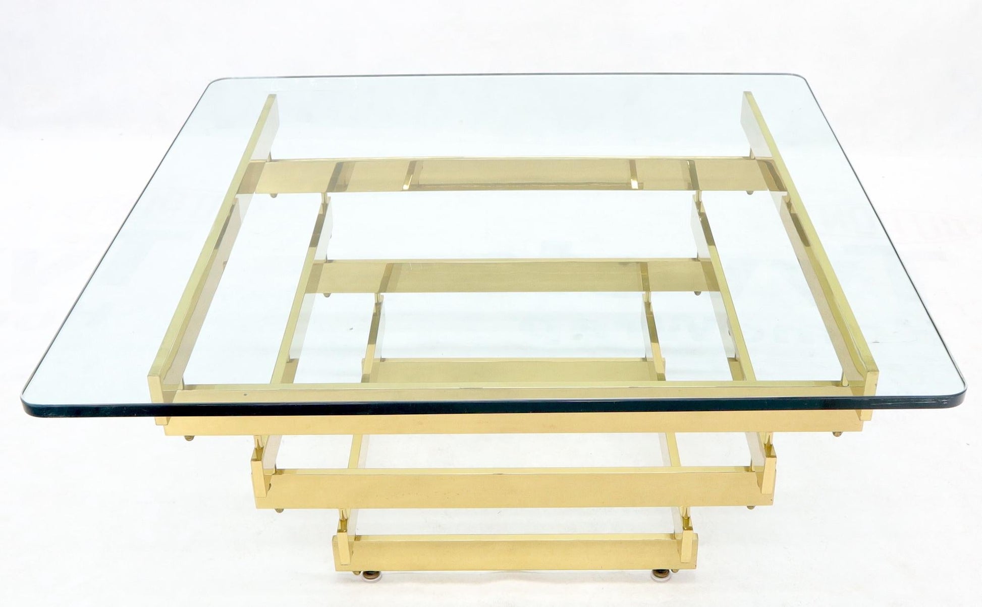 EstablishedLines Stacked Polished Lacquered Brass Bars Base Glass Top Square Coffee Table