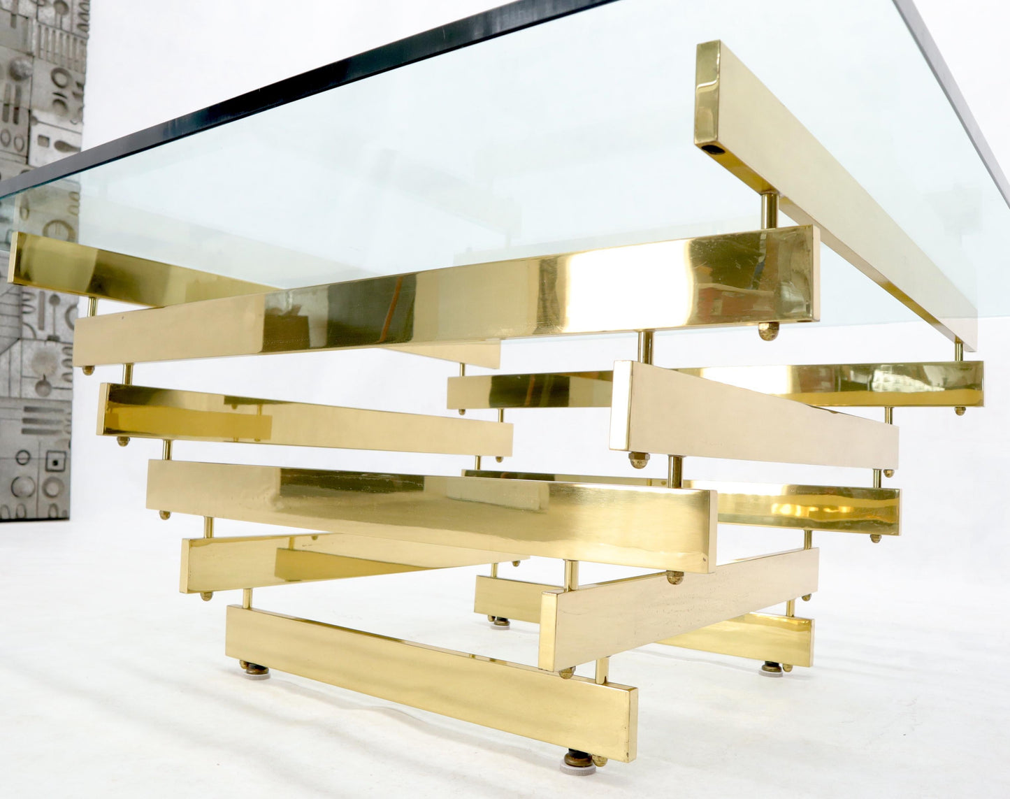 EstablishedLines Stacked Polished Lacquered Brass Bars Base Glass Top Square Coffee Table