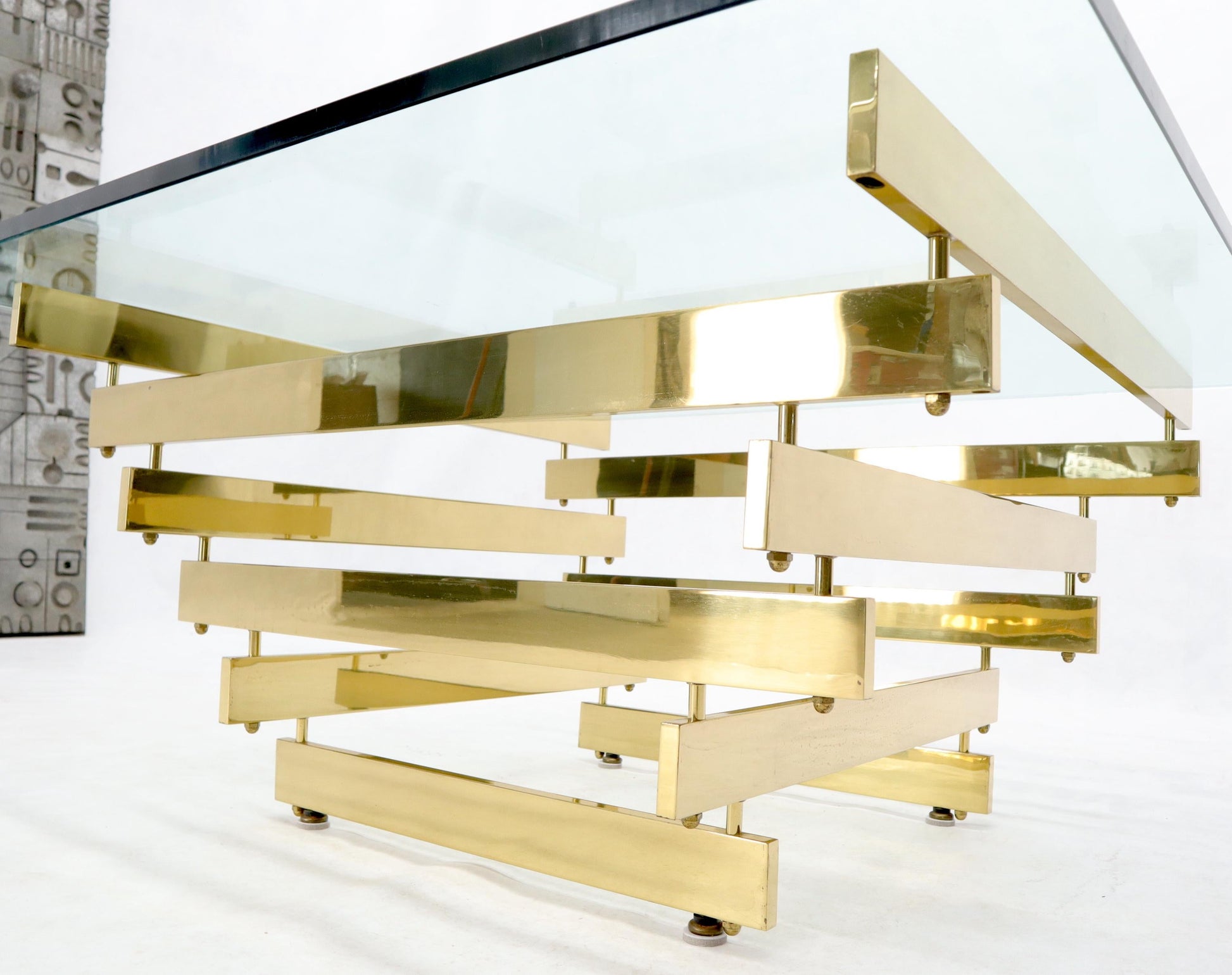 EstablishedLines Stacked Polished Lacquered Brass Bars Base Glass Top Square Coffee Table