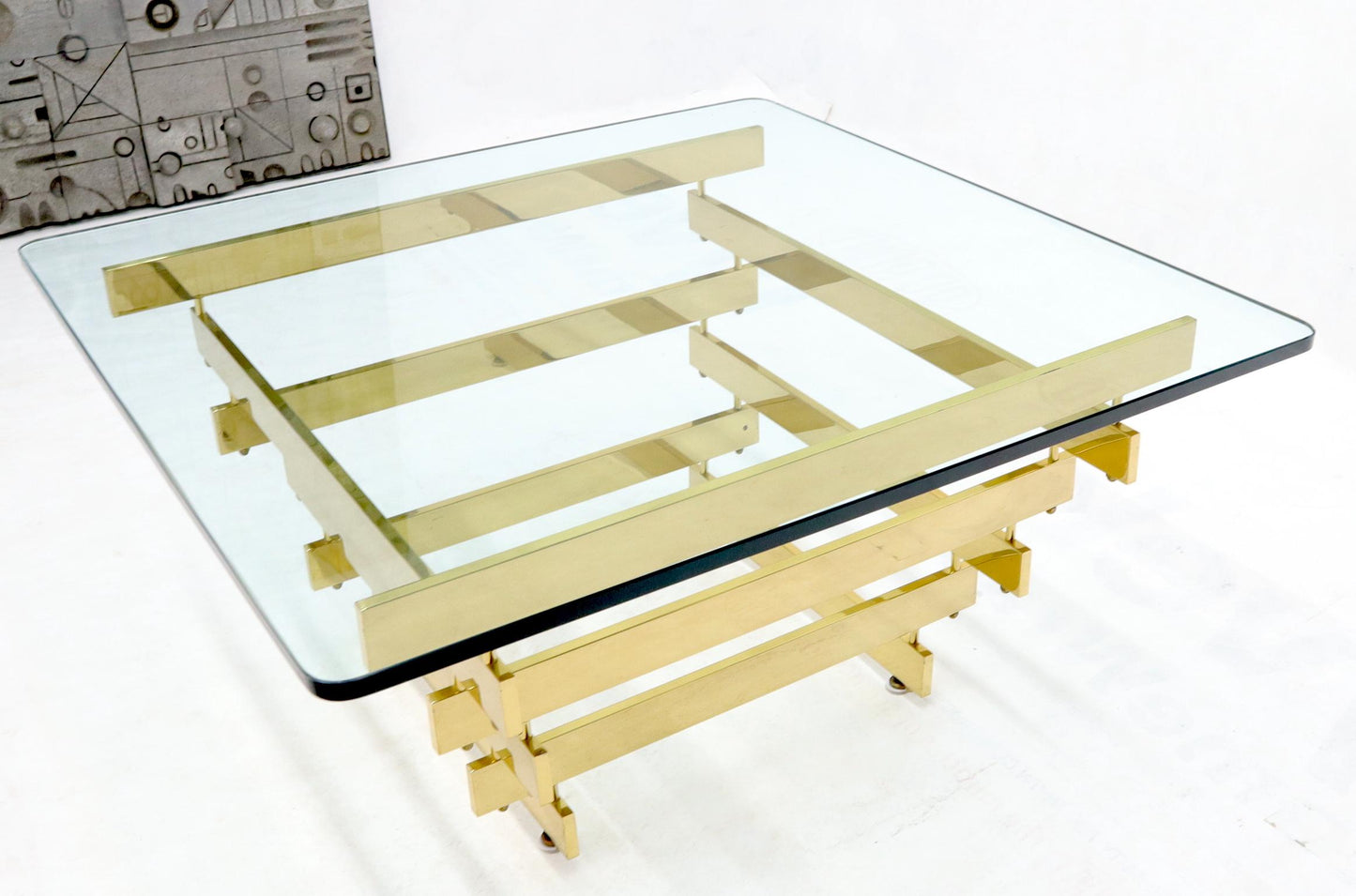 EstablishedLines Stacked Polished Lacquered Brass Bars Base Glass Top Square Coffee Table