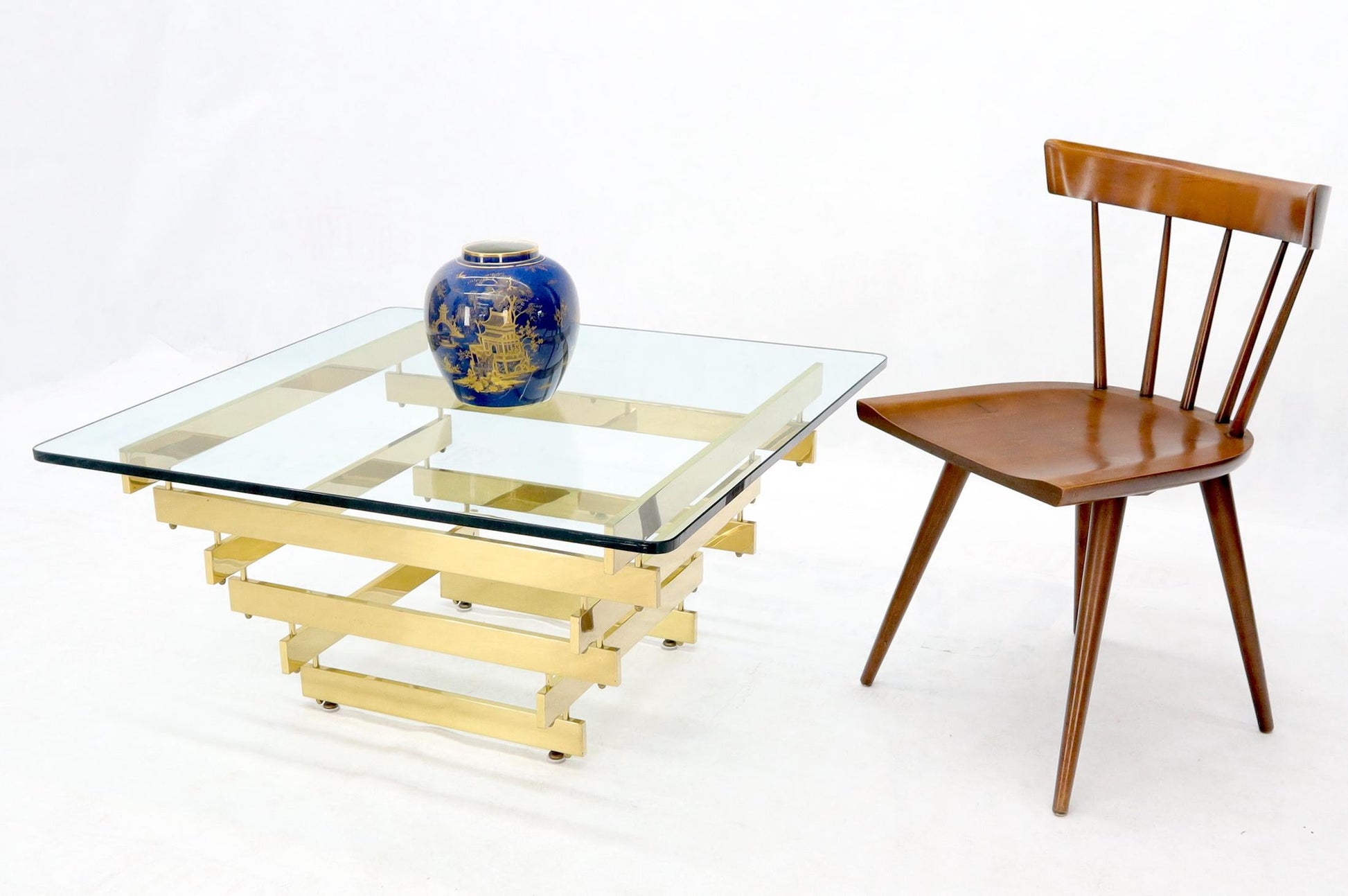 EstablishedLines Stacked Polished Lacquered Brass Bars Base Glass Top Square Coffee Table