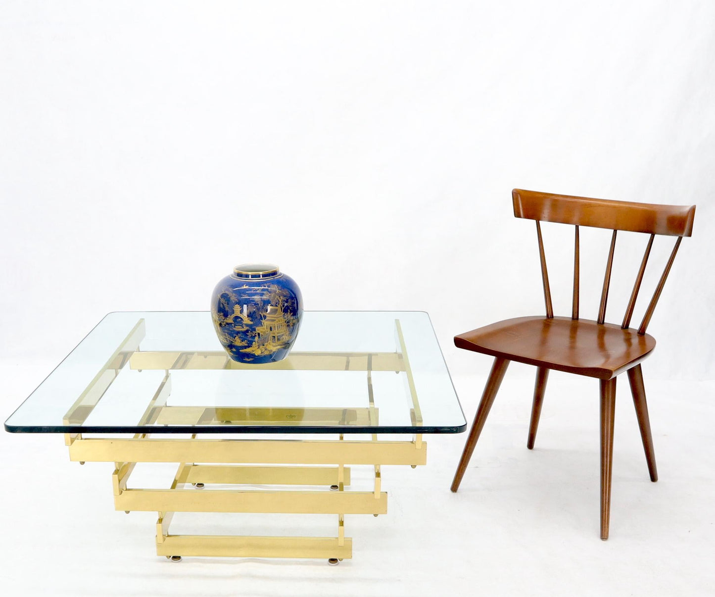EstablishedLines Stacked Polished Lacquered Brass Bars Base Glass Top Square Coffee Table