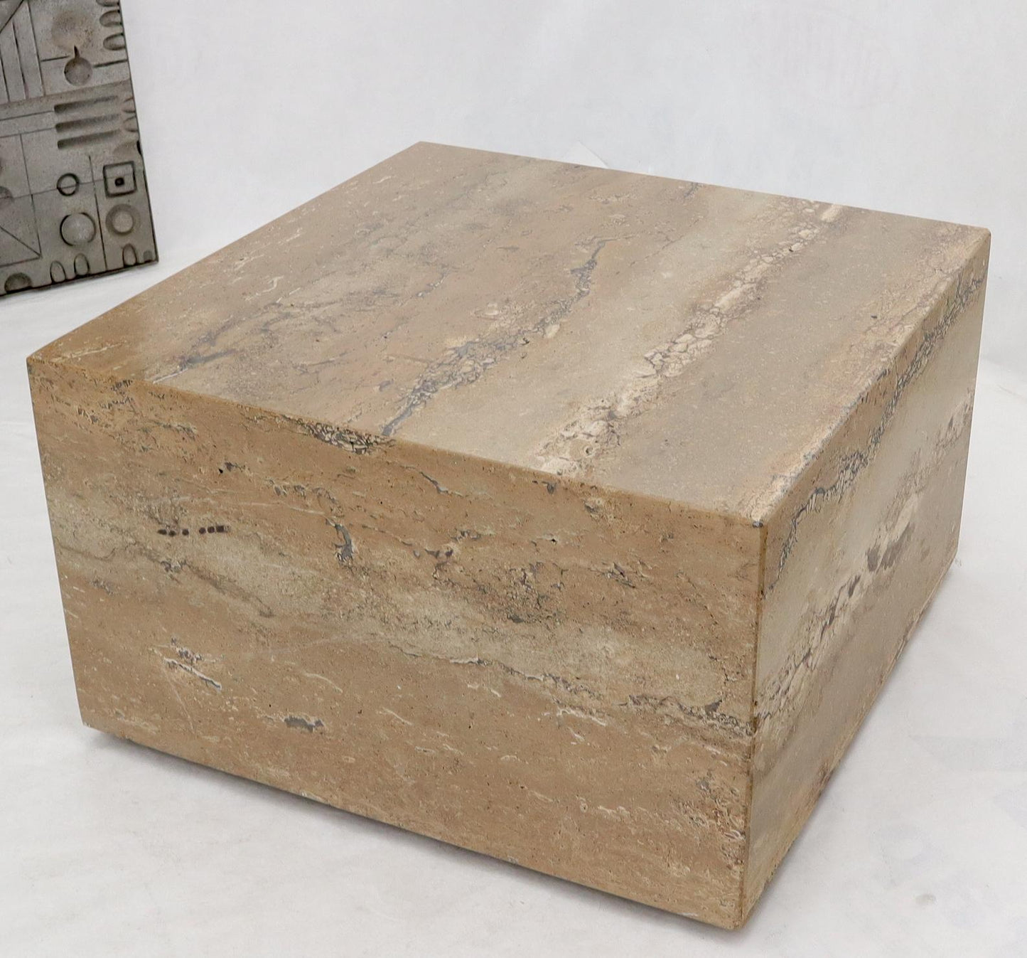EstablishedLines Cube Square Shape Travertine Marble Coffee Table on Wheels